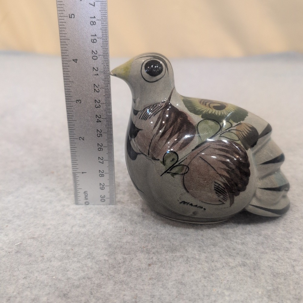 Tonala Mexican Folk Art Ceramic Bird Figurine Hand Painted Signed Gray Brown - Picture 6 of 6